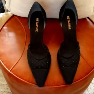 Black satin 3 inch heel open pumps